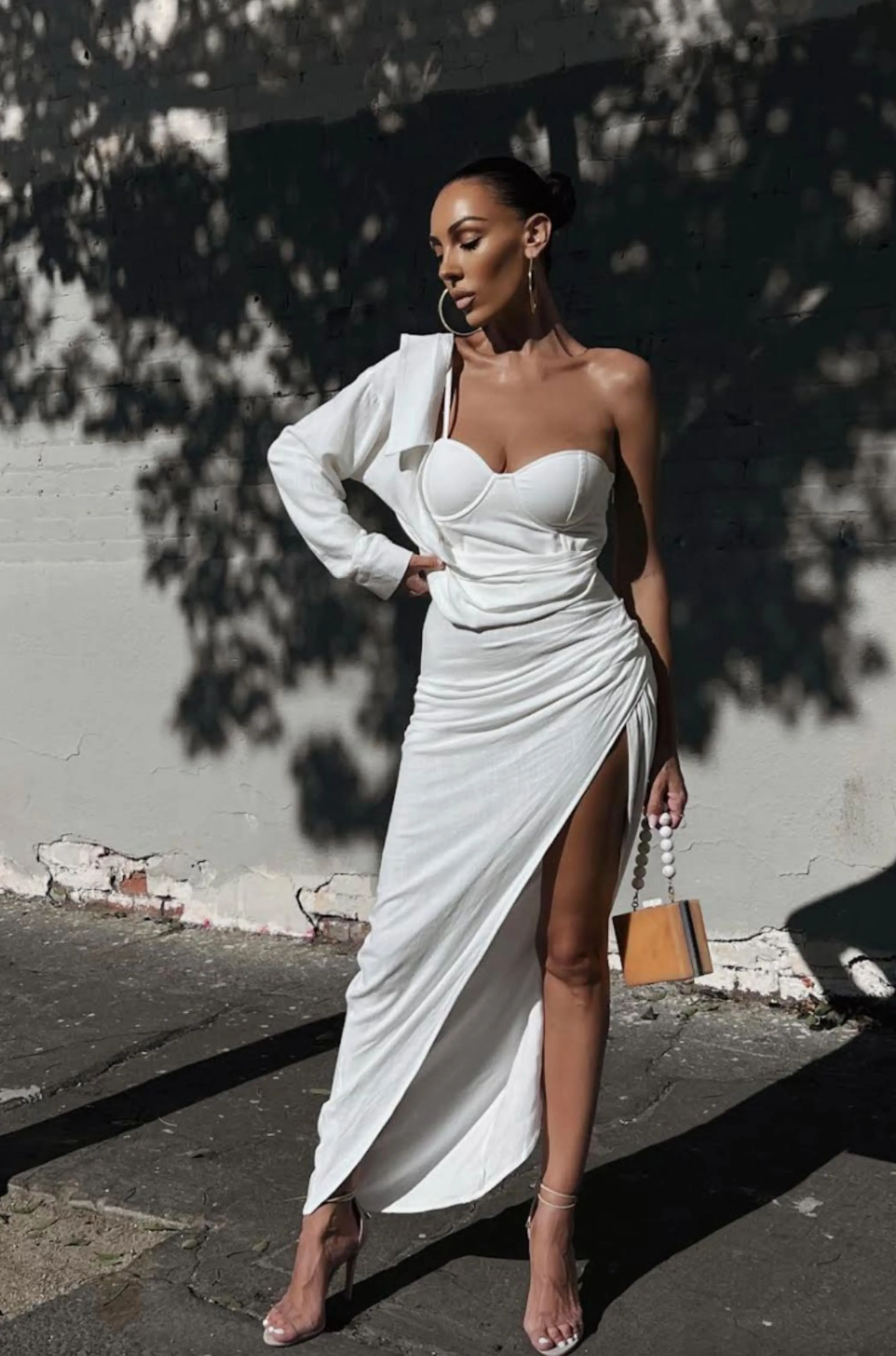 White Evita Linen Draped Dress