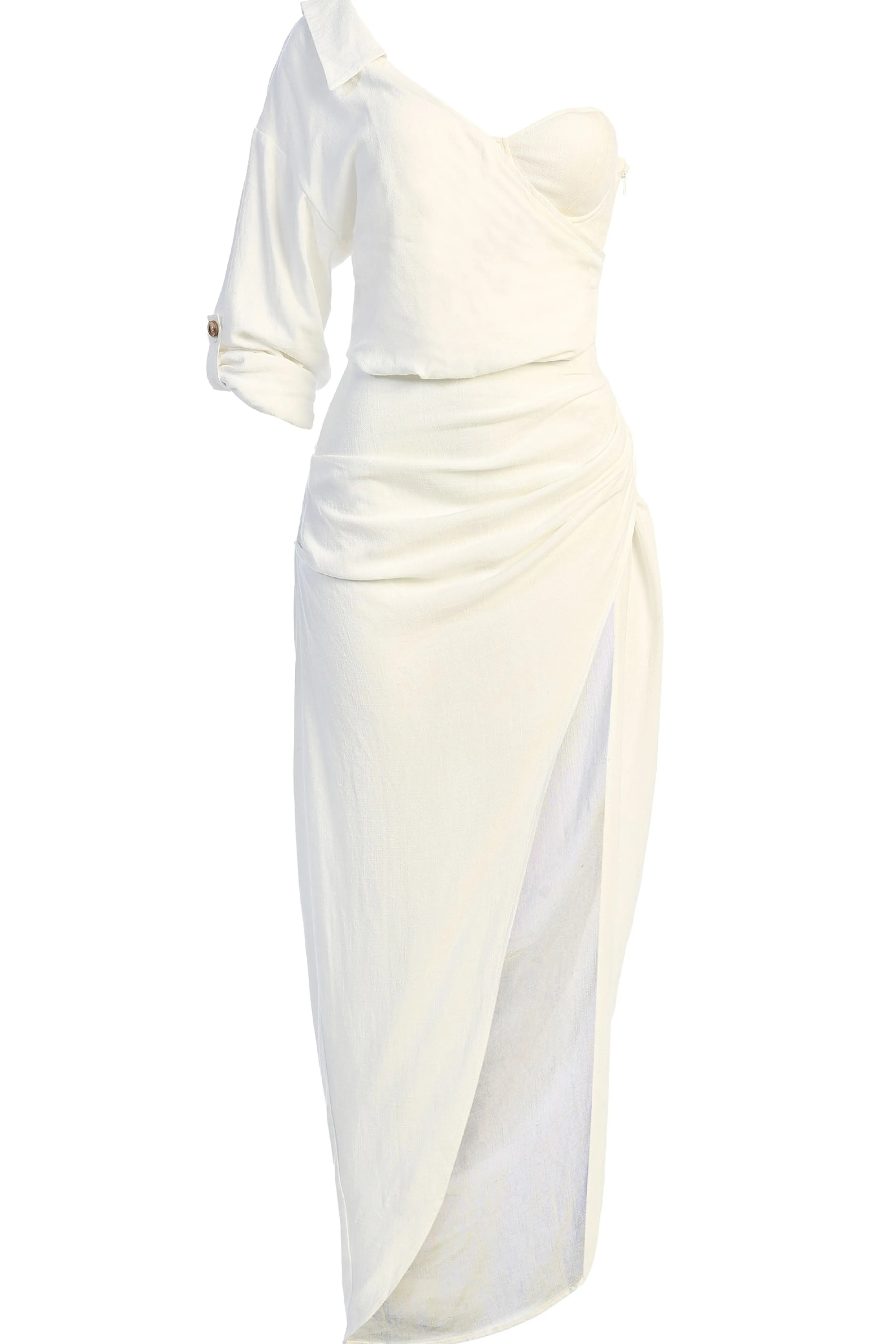 White Evita Linen Draped Dress