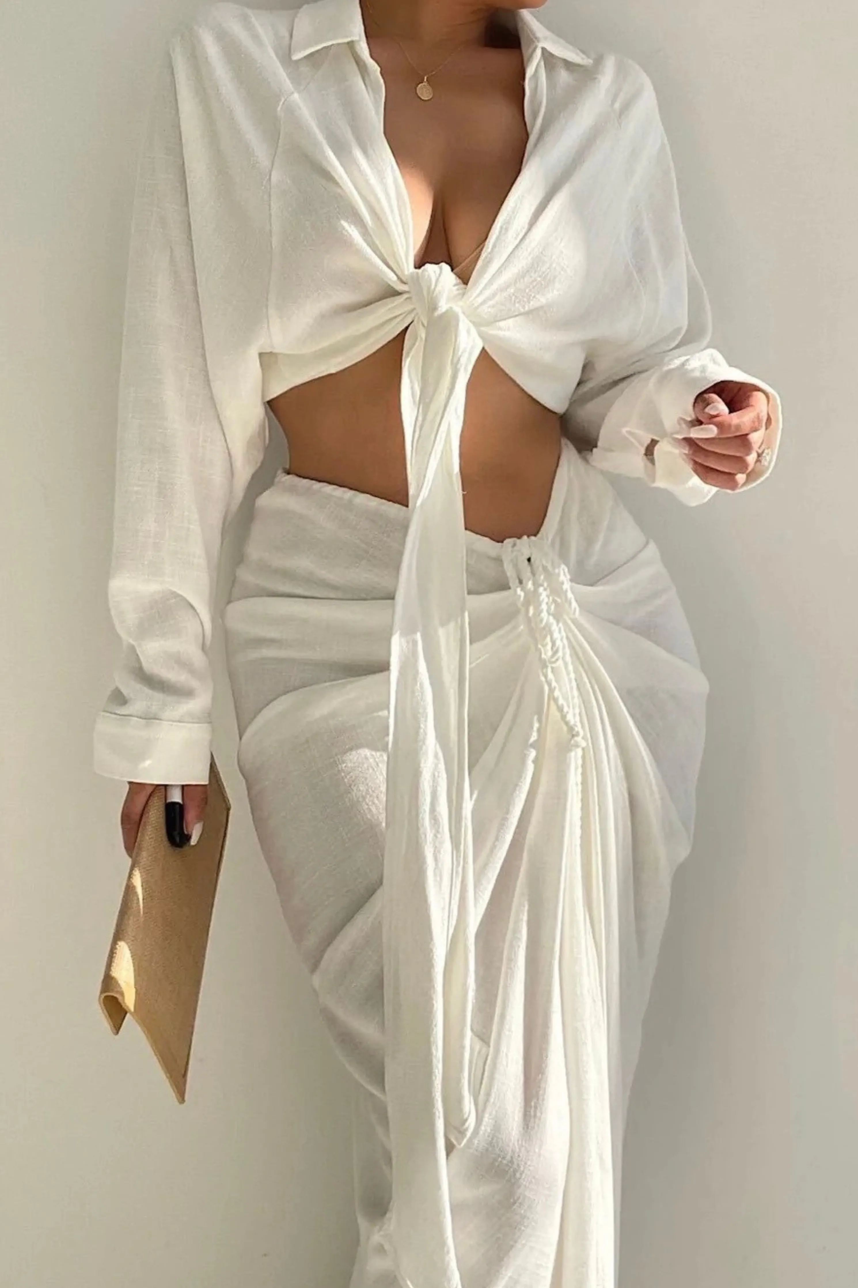 White Noelia Linen Slit Skirt