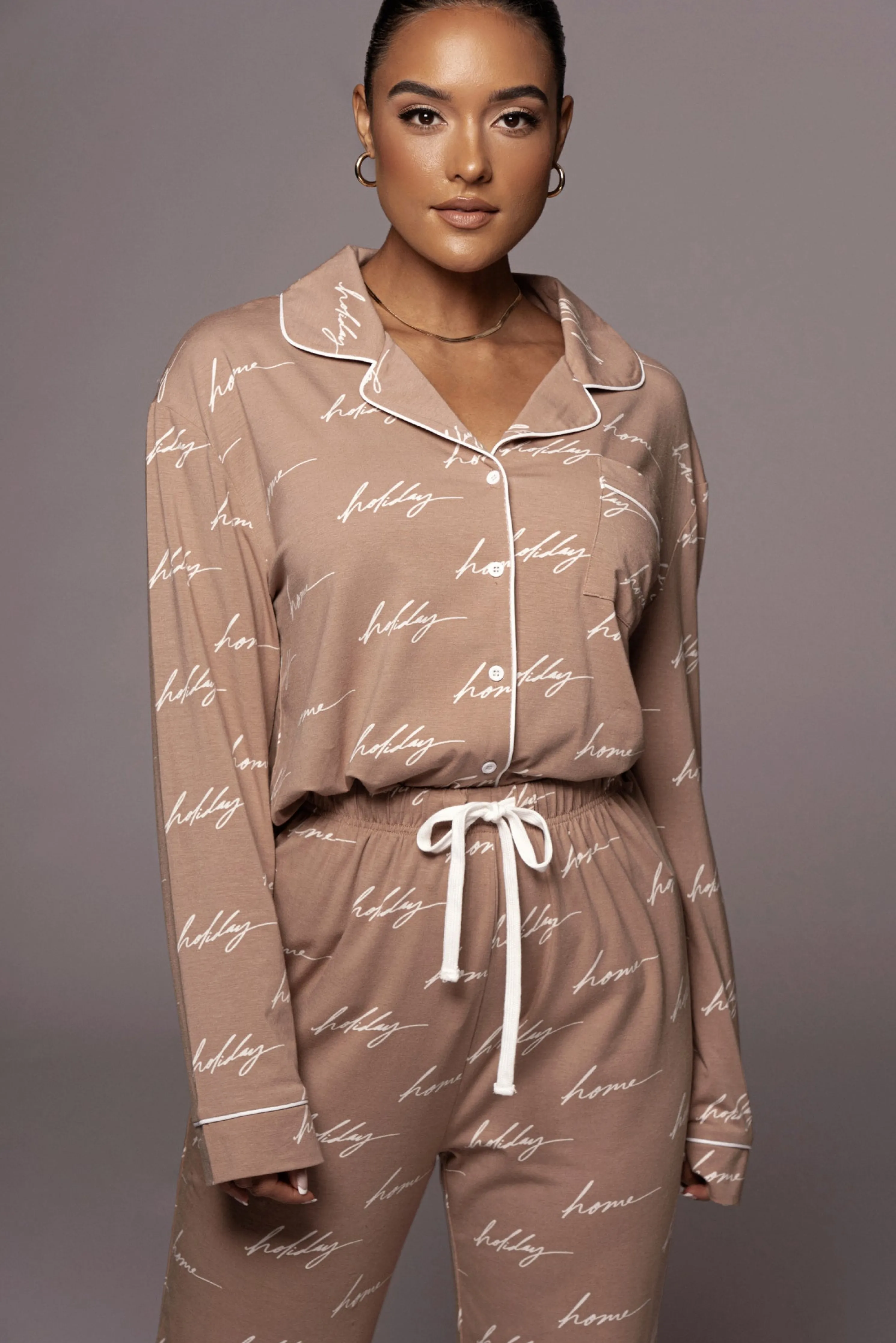 White/Tan Home For The Holiday Adult Pajama Set