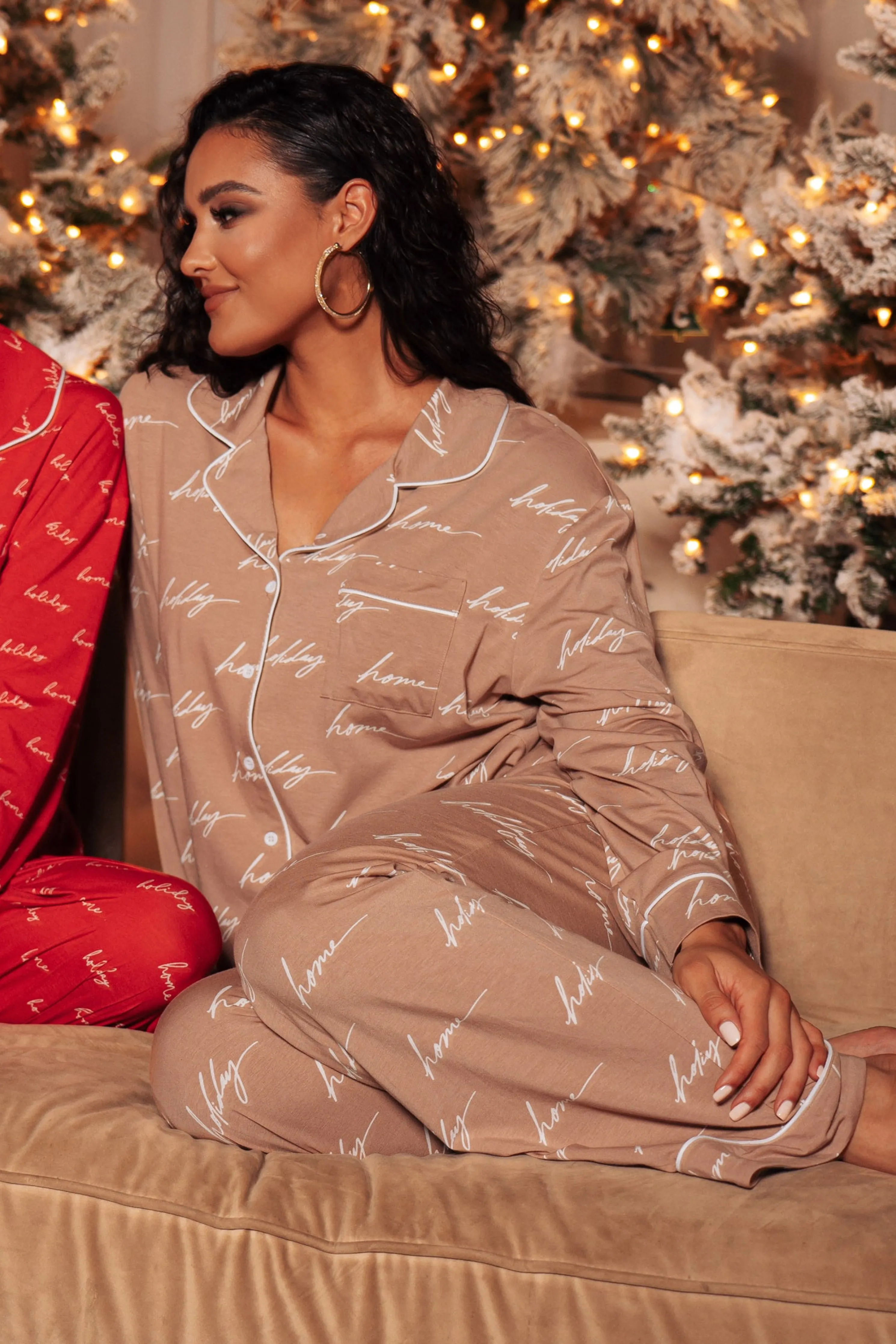 White/Tan Home For The Holiday Adult Pajama Set