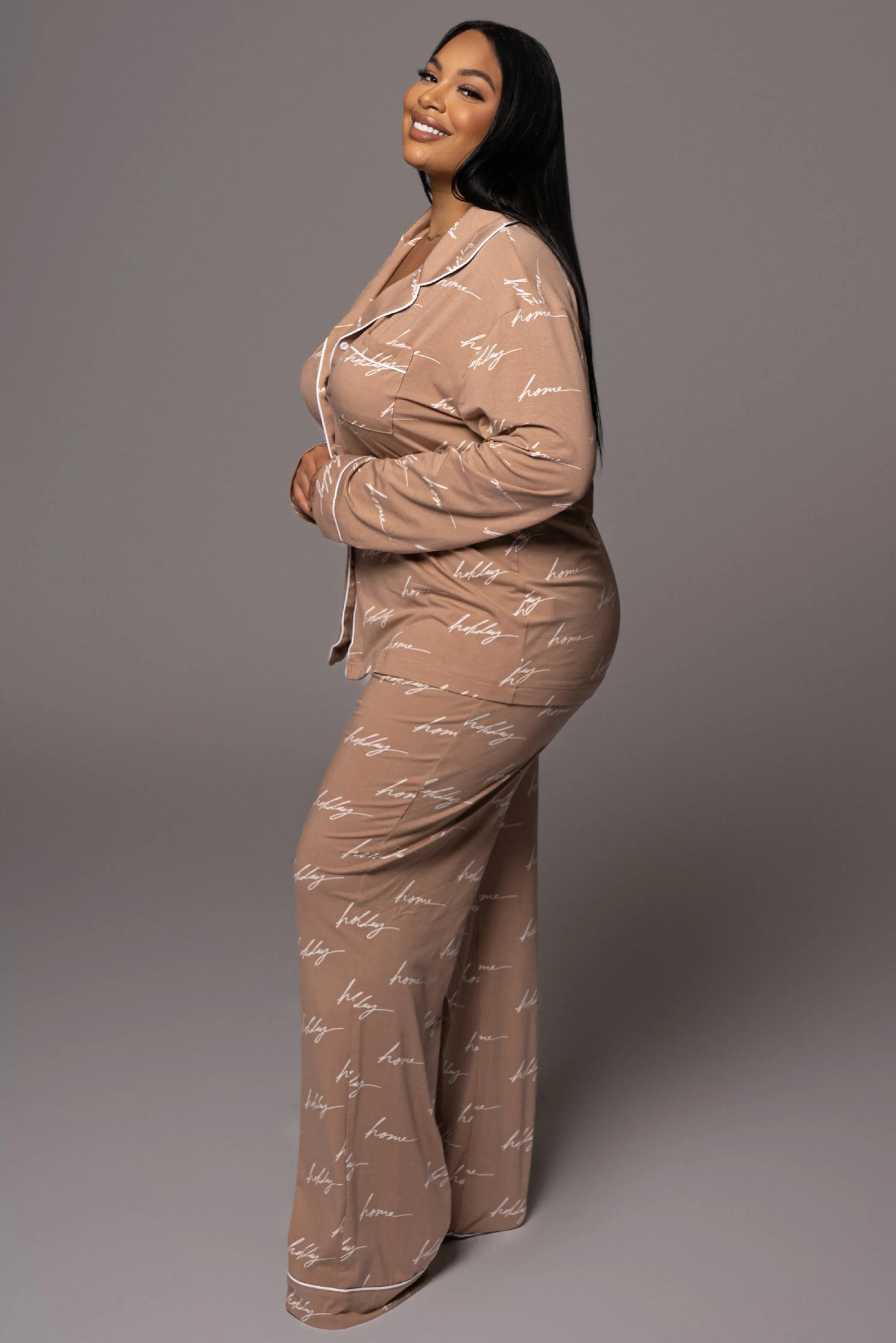 White/Tan Home For The Holiday Adult Pajama Set