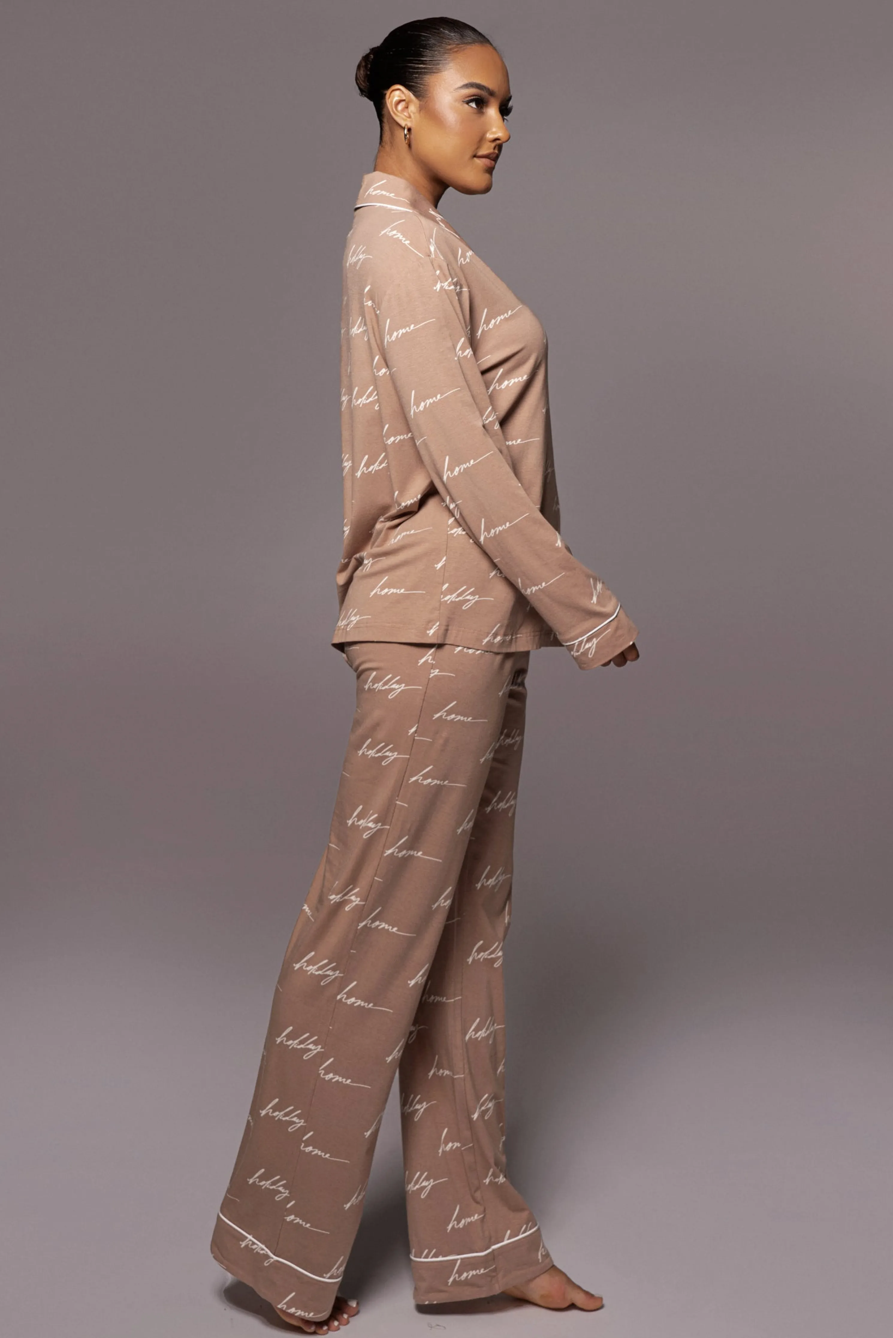 White/Tan Home For The Holiday Adult Pajama Set