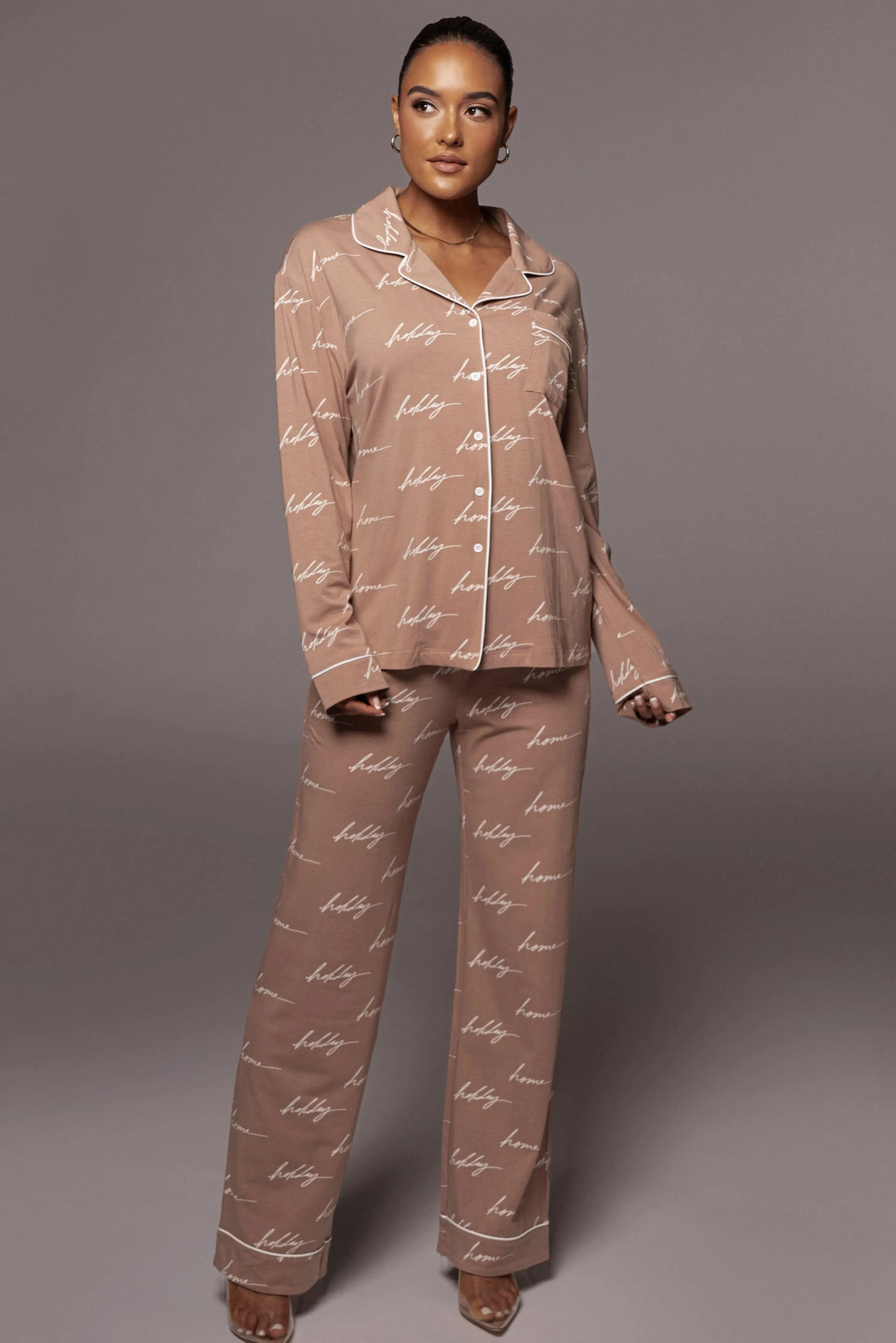 White/Tan Home For The Holiday Adult Pajama Set