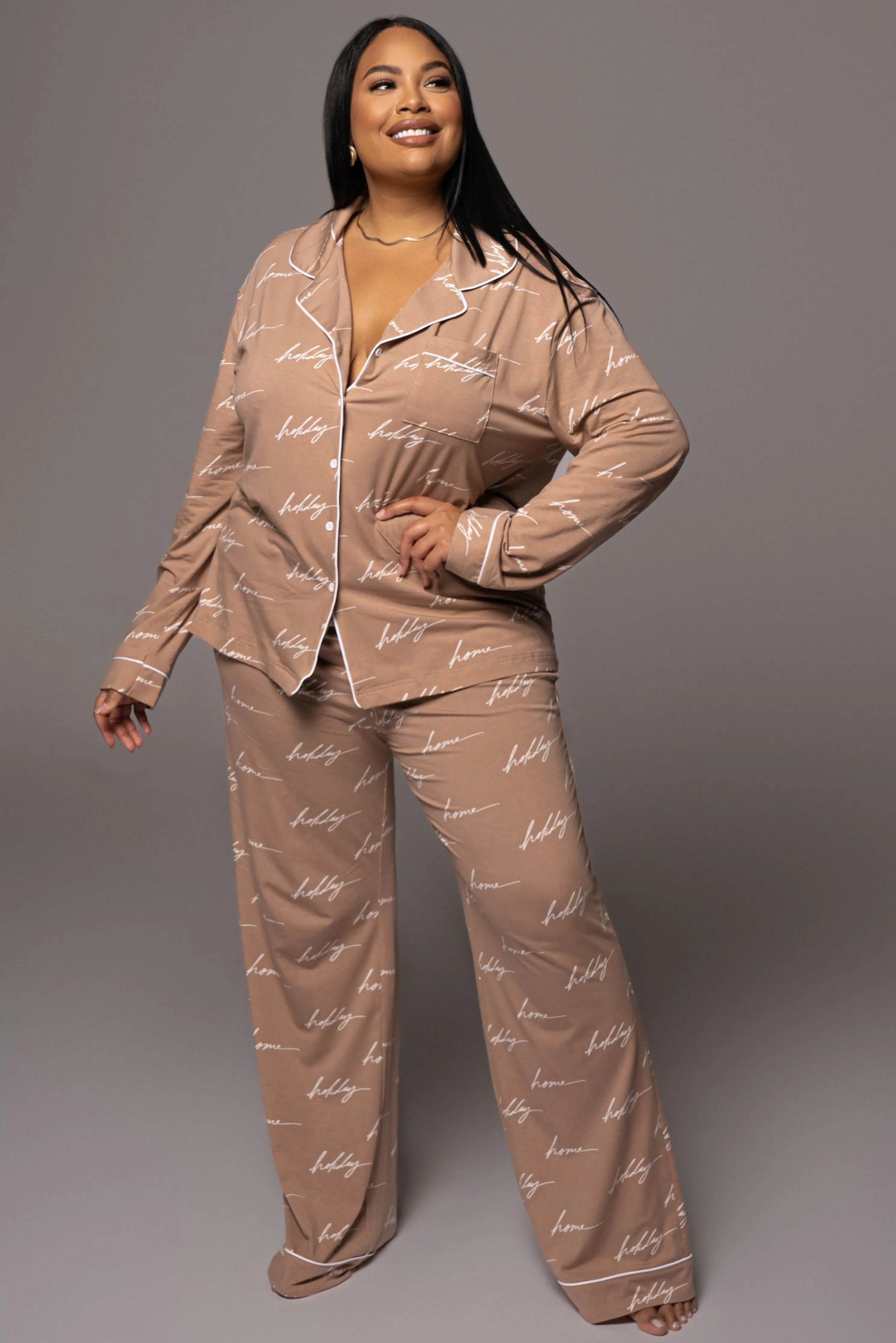 White/Tan Home For The Holiday Adult Pajama Set