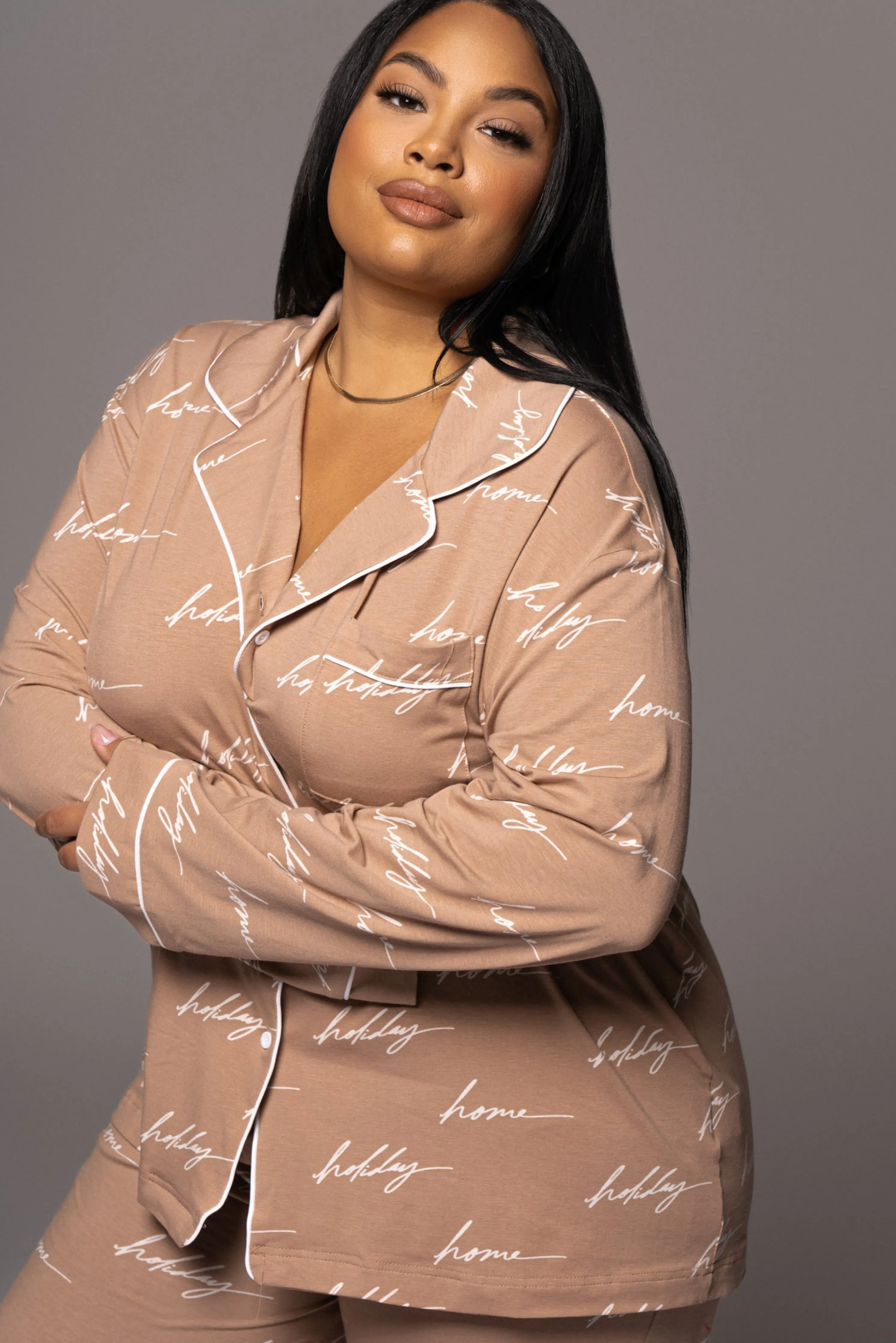 White/Tan Home For The Holiday Adult Pajama Set