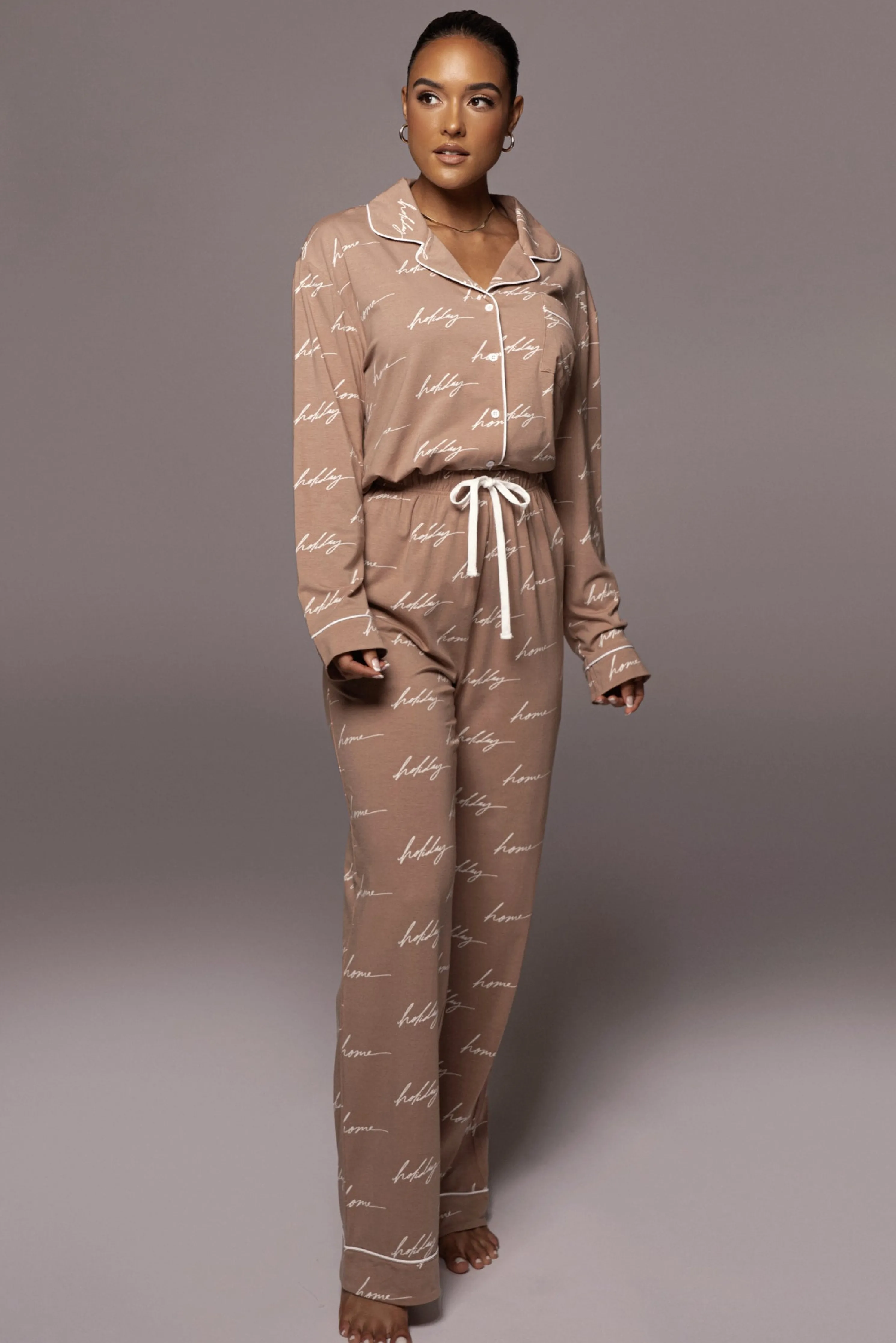 White/Tan Home For The Holiday Adult Pajama Set