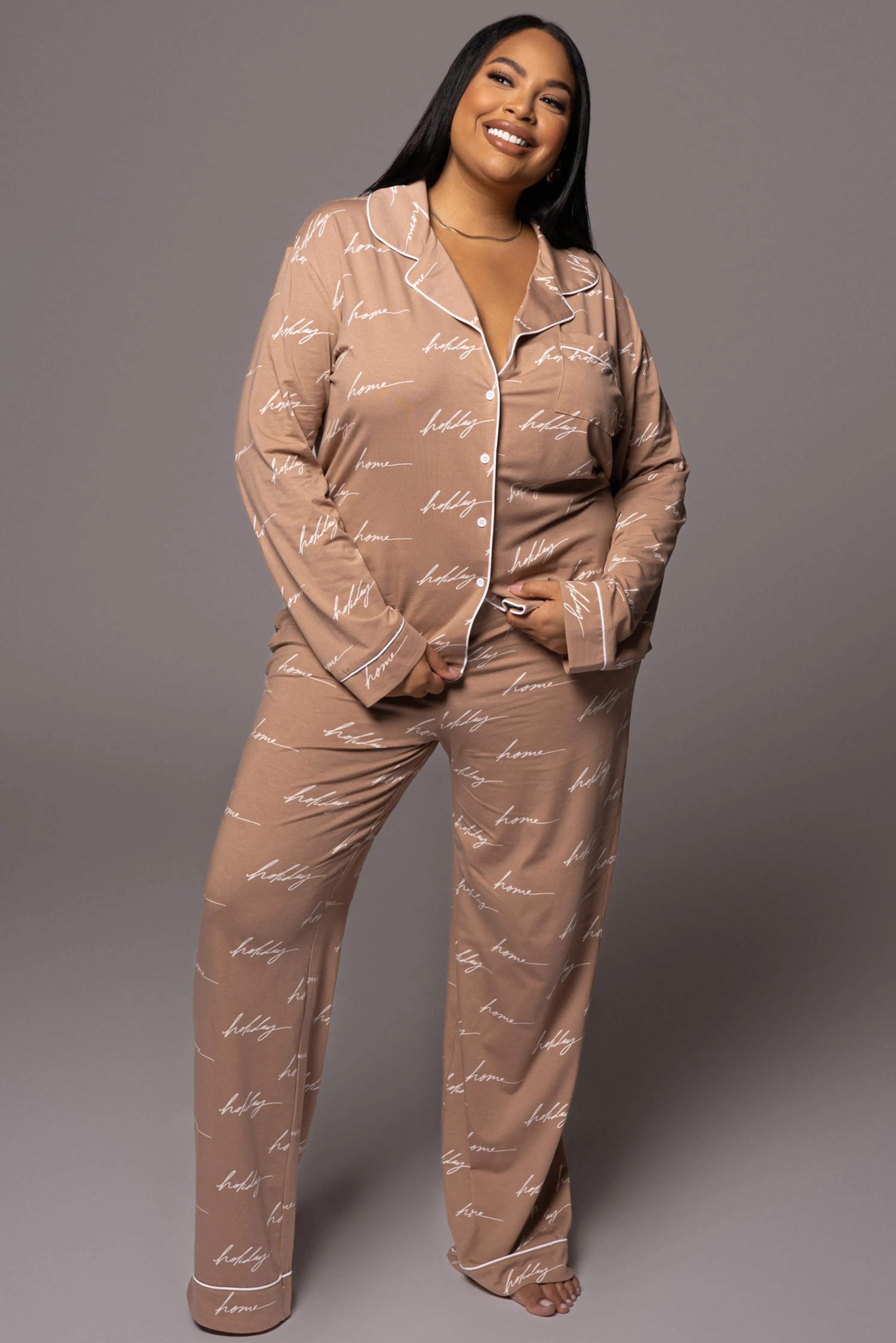 White/Tan Home For The Holiday Adult Pajama Set