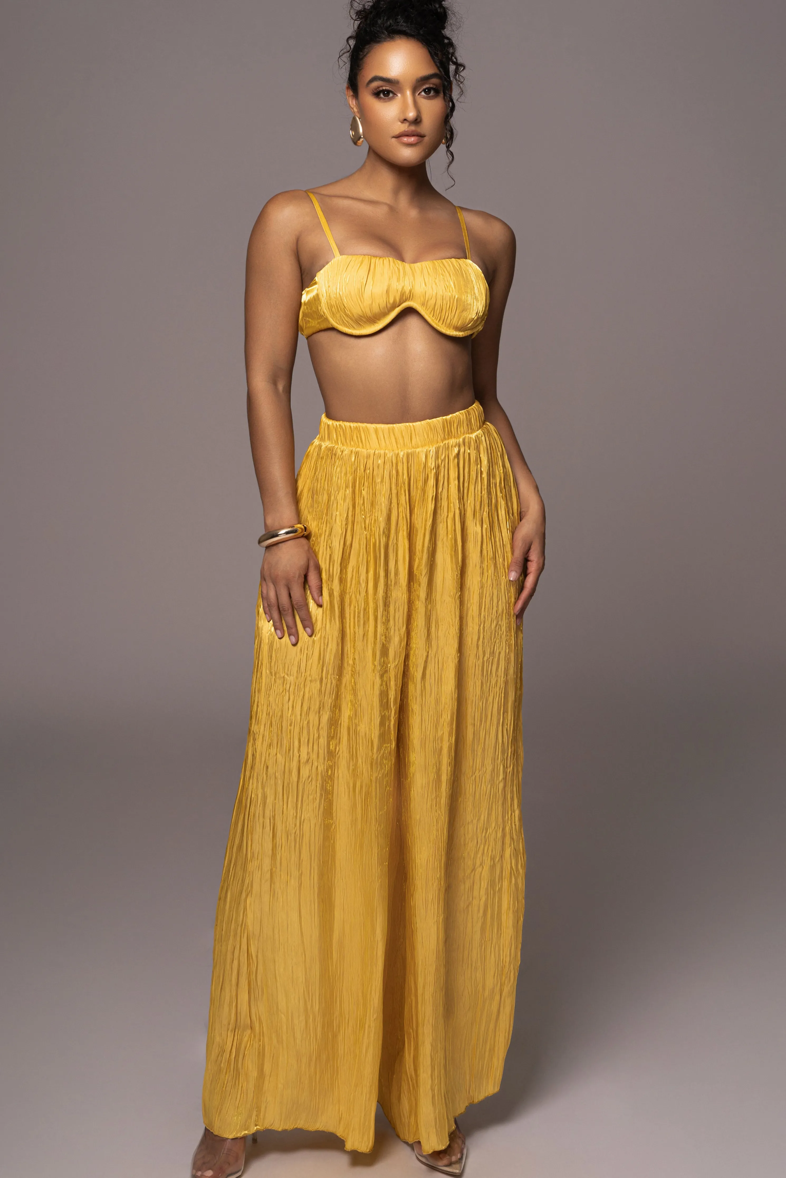 Yellow Lets Get Away Satin Pant Set