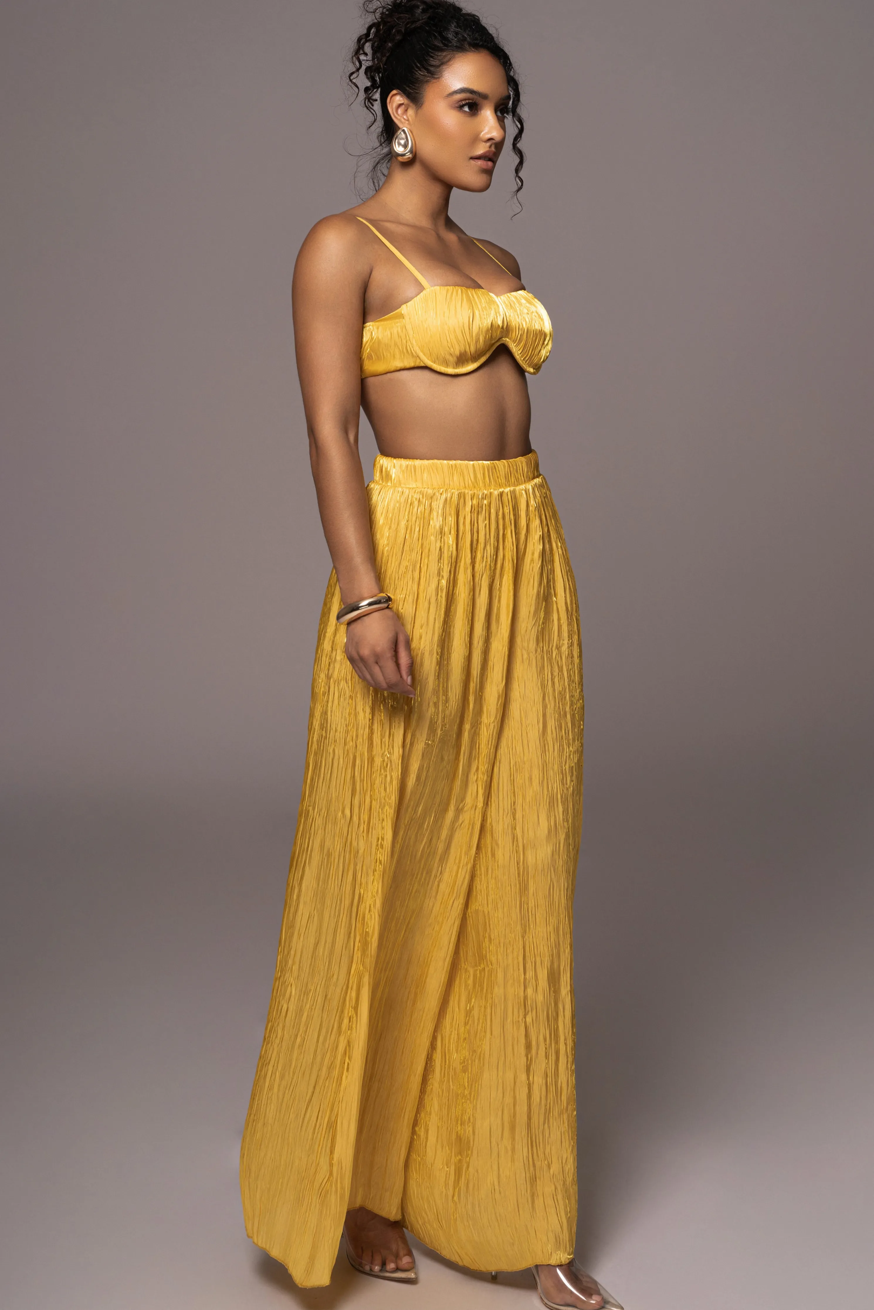 Yellow Lets Get Away Satin Pant Set